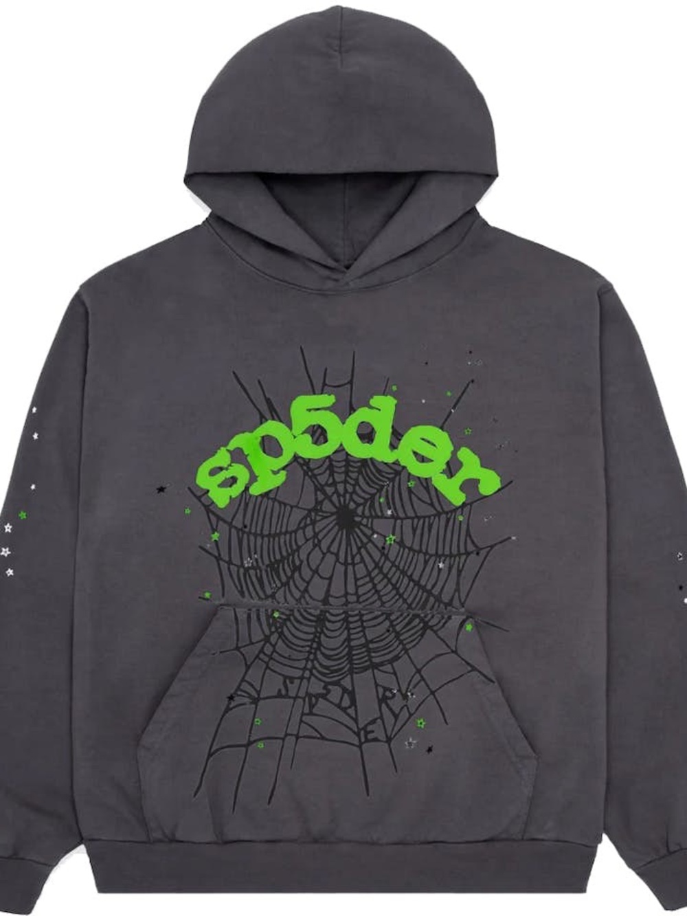 Men's Charcoal Crewneck Sweater with Neon Green Spider Web Graphic
